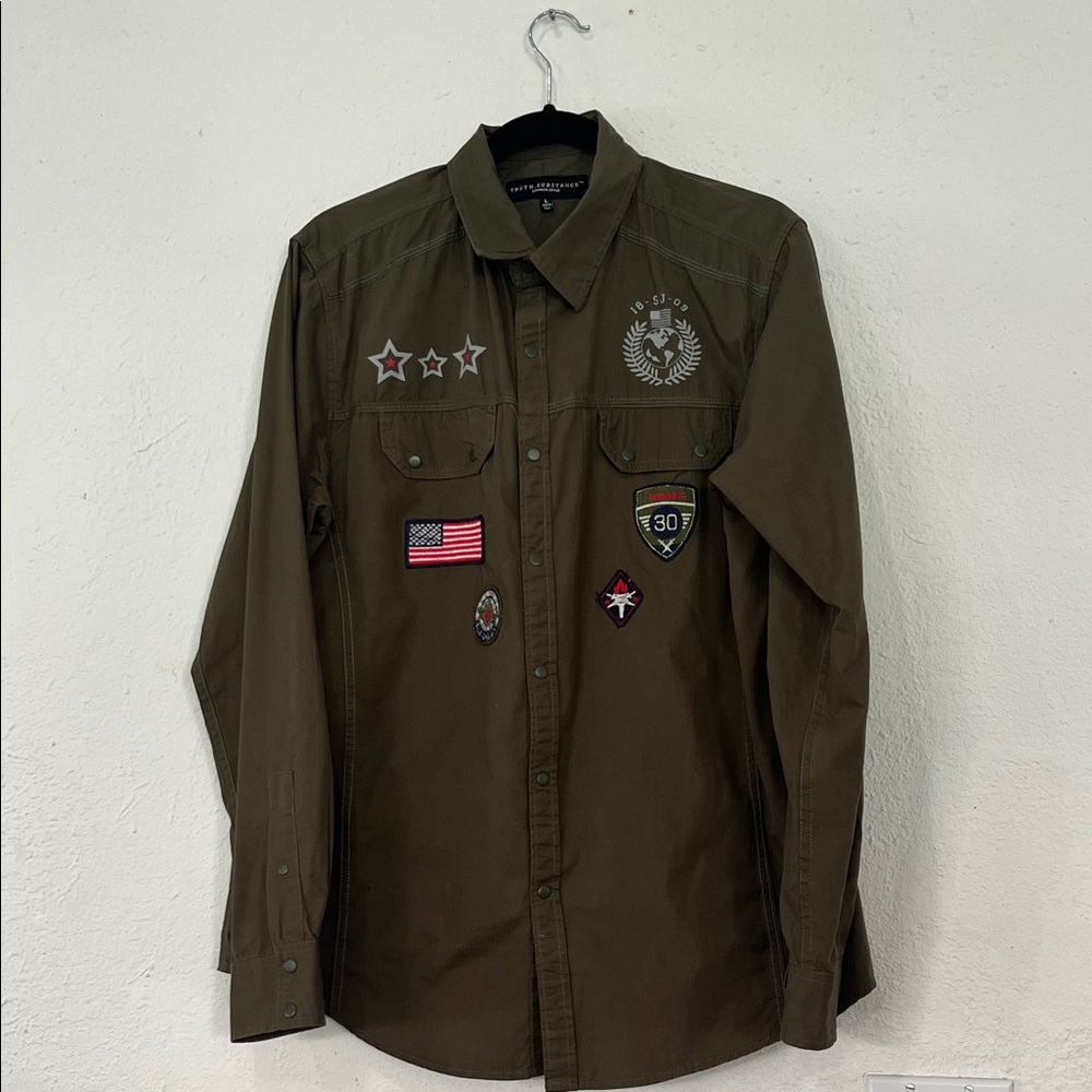 Truth Substance Military-Style Button-Up Shirt with Patches